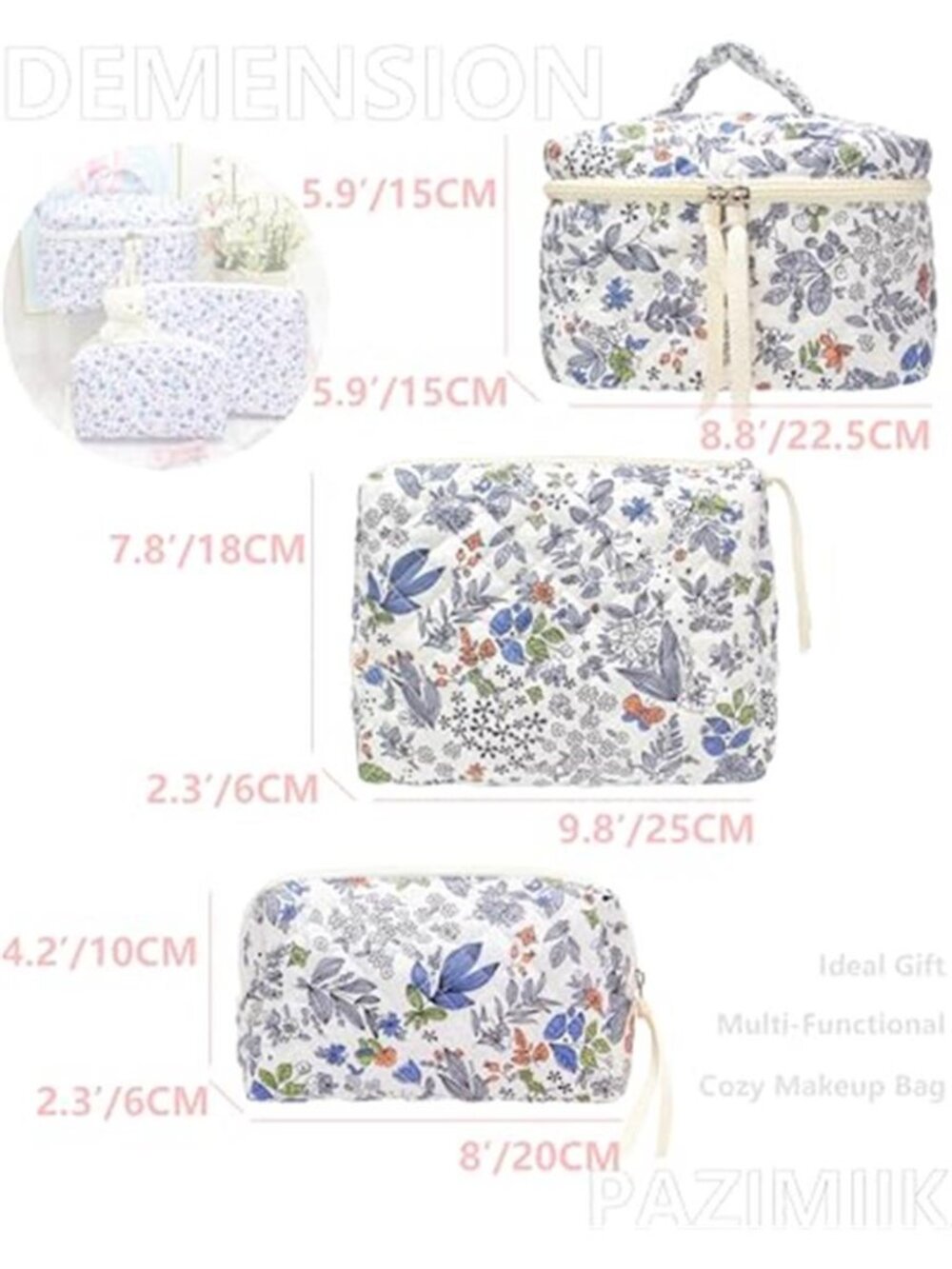 3 Piece Quilted Makeup Bag Set for Women,Cosmetic&Toiletry Bag,Leaf White - Picture 3 of 6